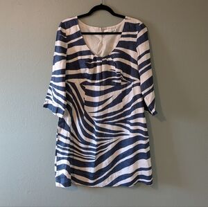 Boden Linen Blue White Zebra Pattern A line 3/4 Sleeve  Midi Dress Size 8